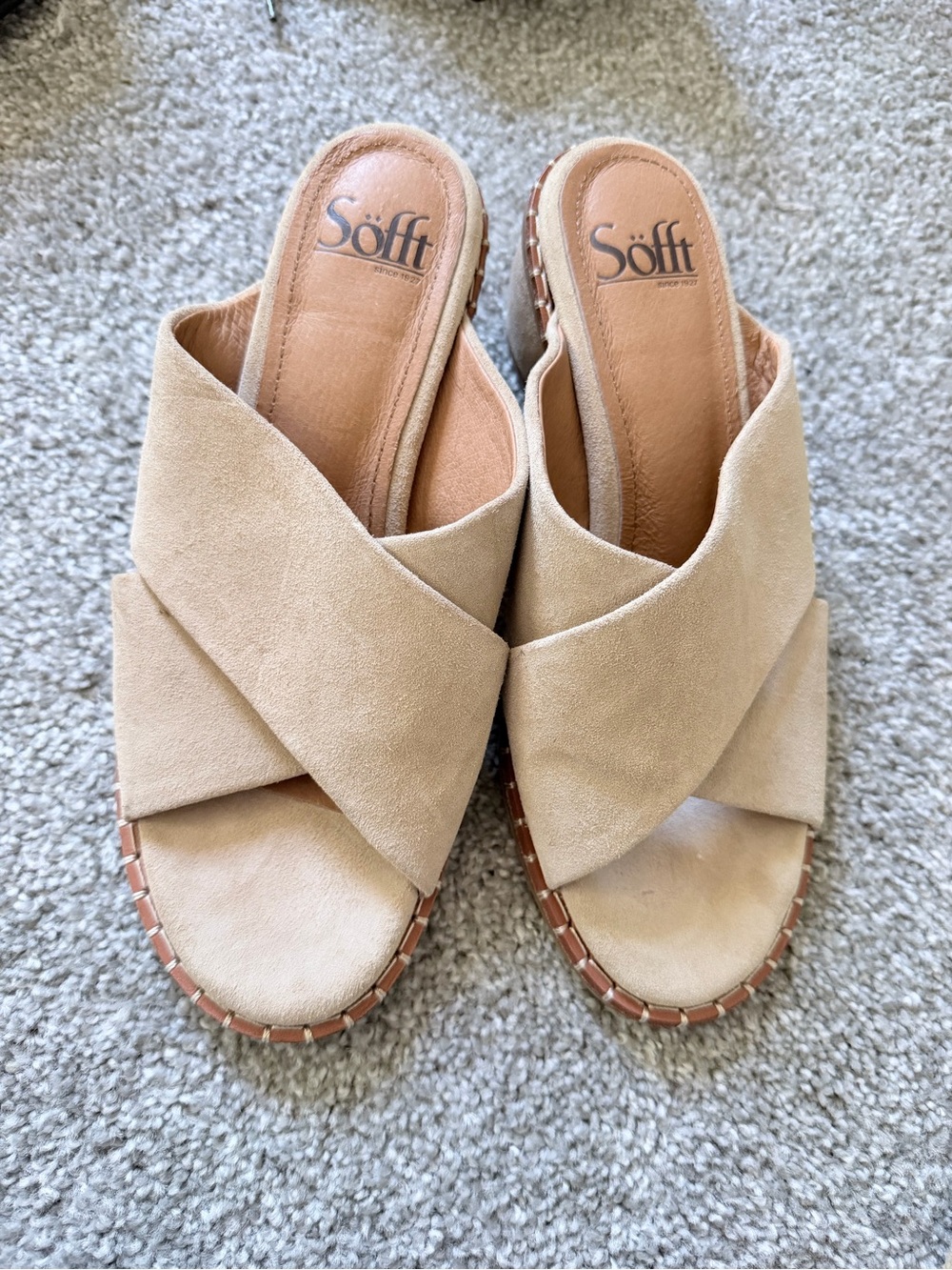 Sofft Beige Crisscross Suede Slide Mules